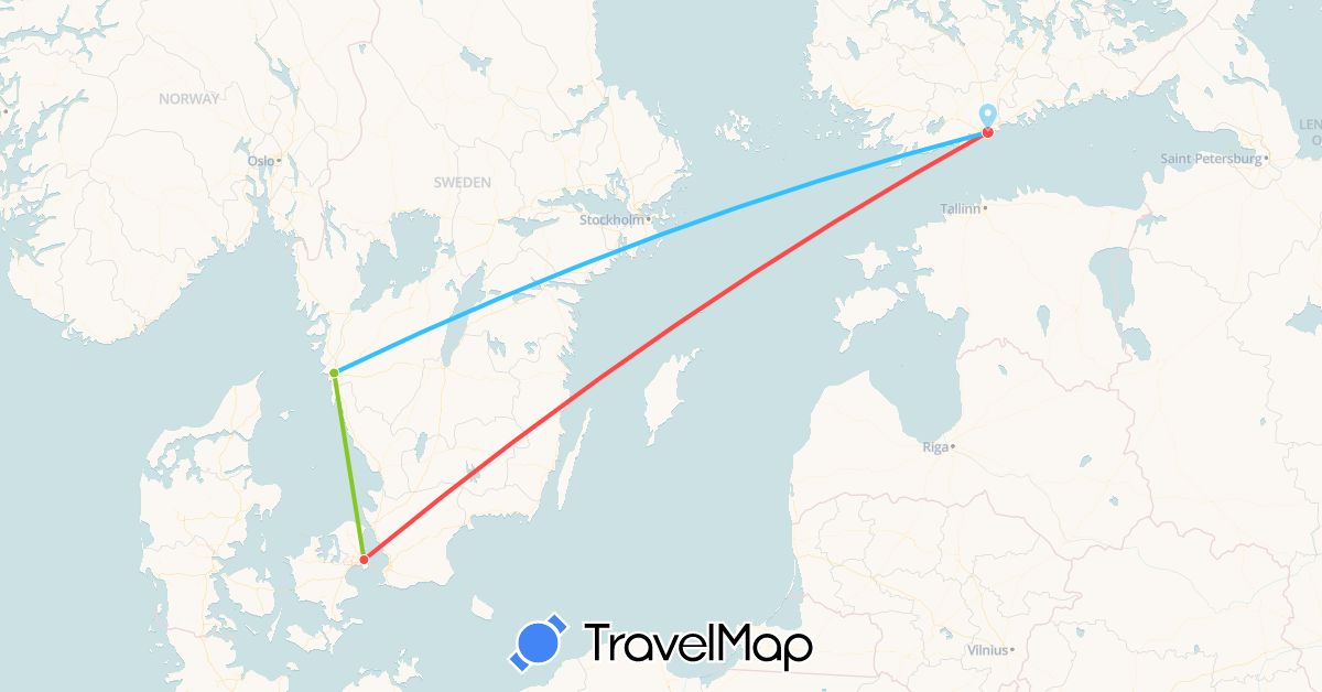 TravelMap itinerary: driving, hiking, boat, electric vehicle in Denmark, Finland, Sweden (Europe)